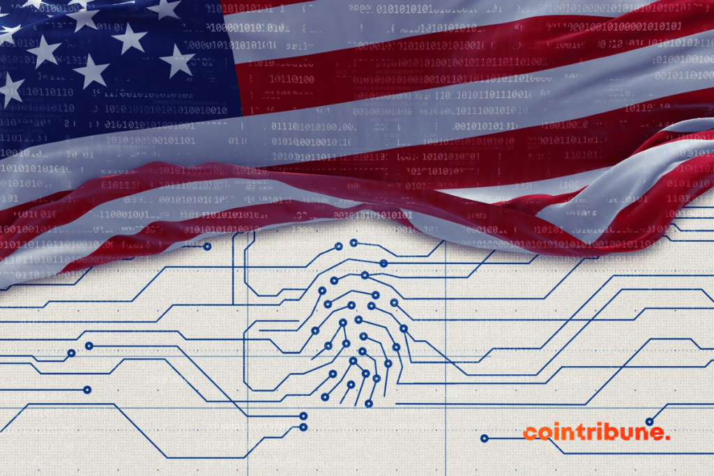 drapeau americain afficant des lignes de code en transparence pour souligner limportance de la confidentialité face aux gouvernements dans le mouvement cypherpunk