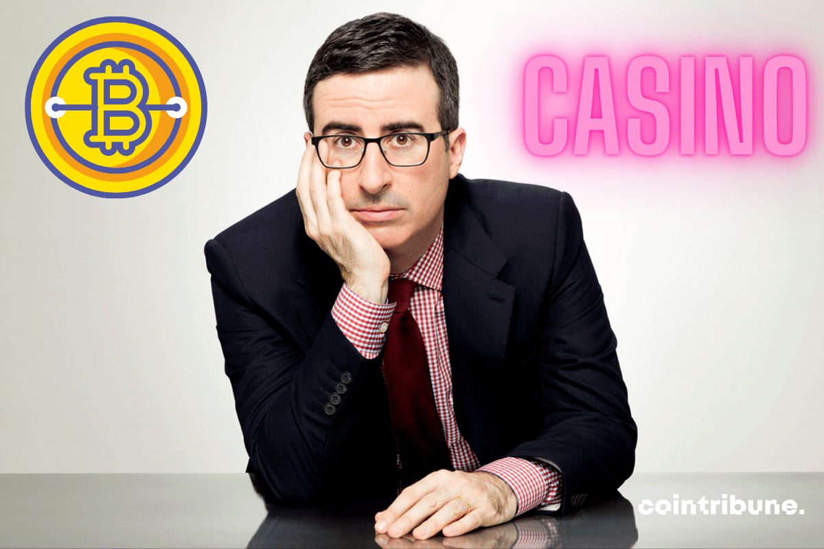 Portrait de John Oliver, logo bitcoin et mention Casino