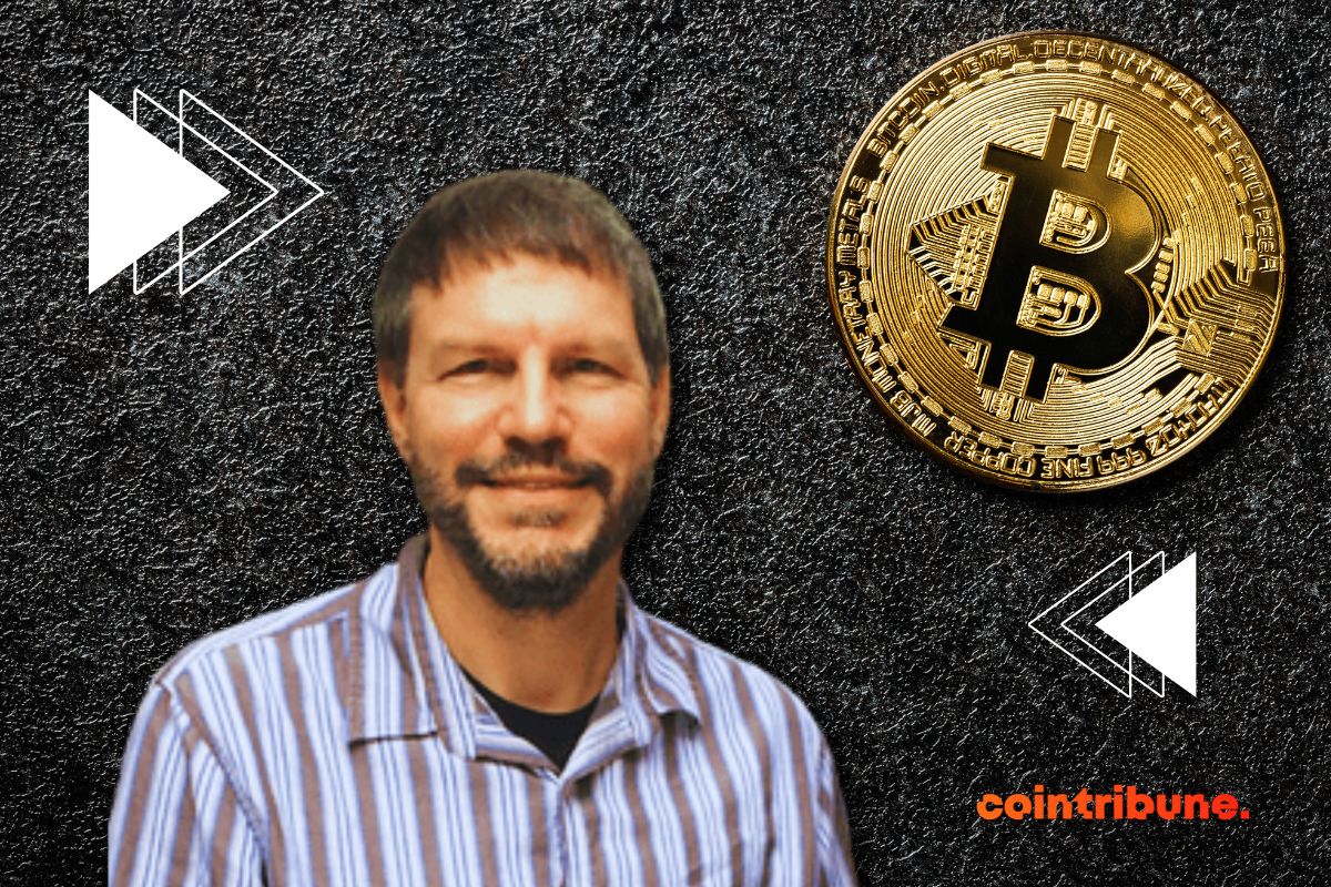 portrait de nick szabo et dune piece de bitcoin rappelant le lien de cette figure incontournable de la crypto avec le btc