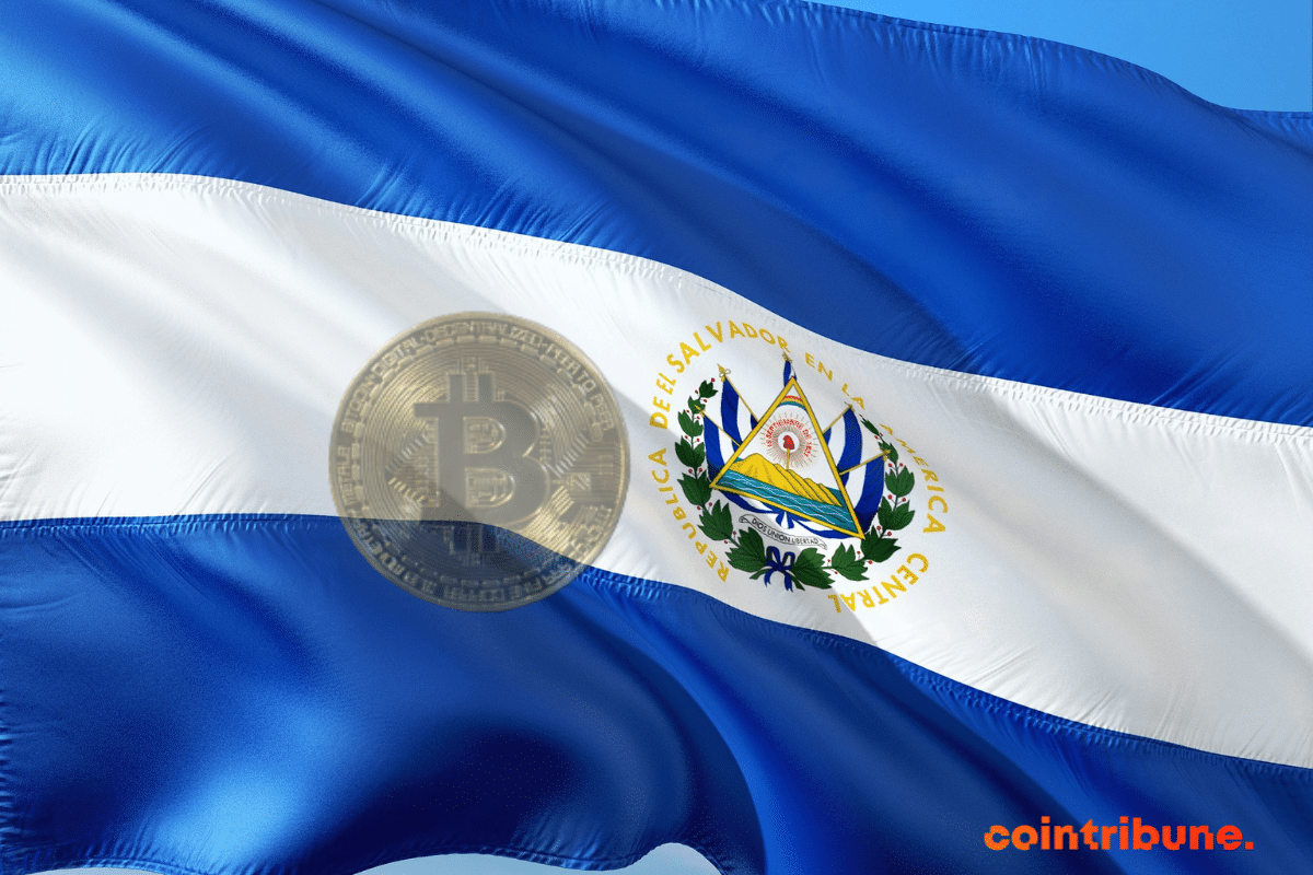 Le drapeau du Salvador avec une pièce de bitcoin en filigrane