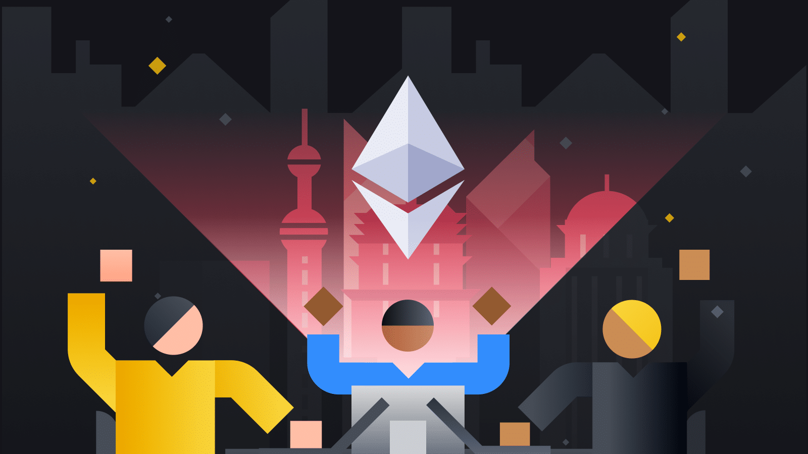 Logo d'Ethereum et d'une communauté joyeuse après le succès de Shanghai