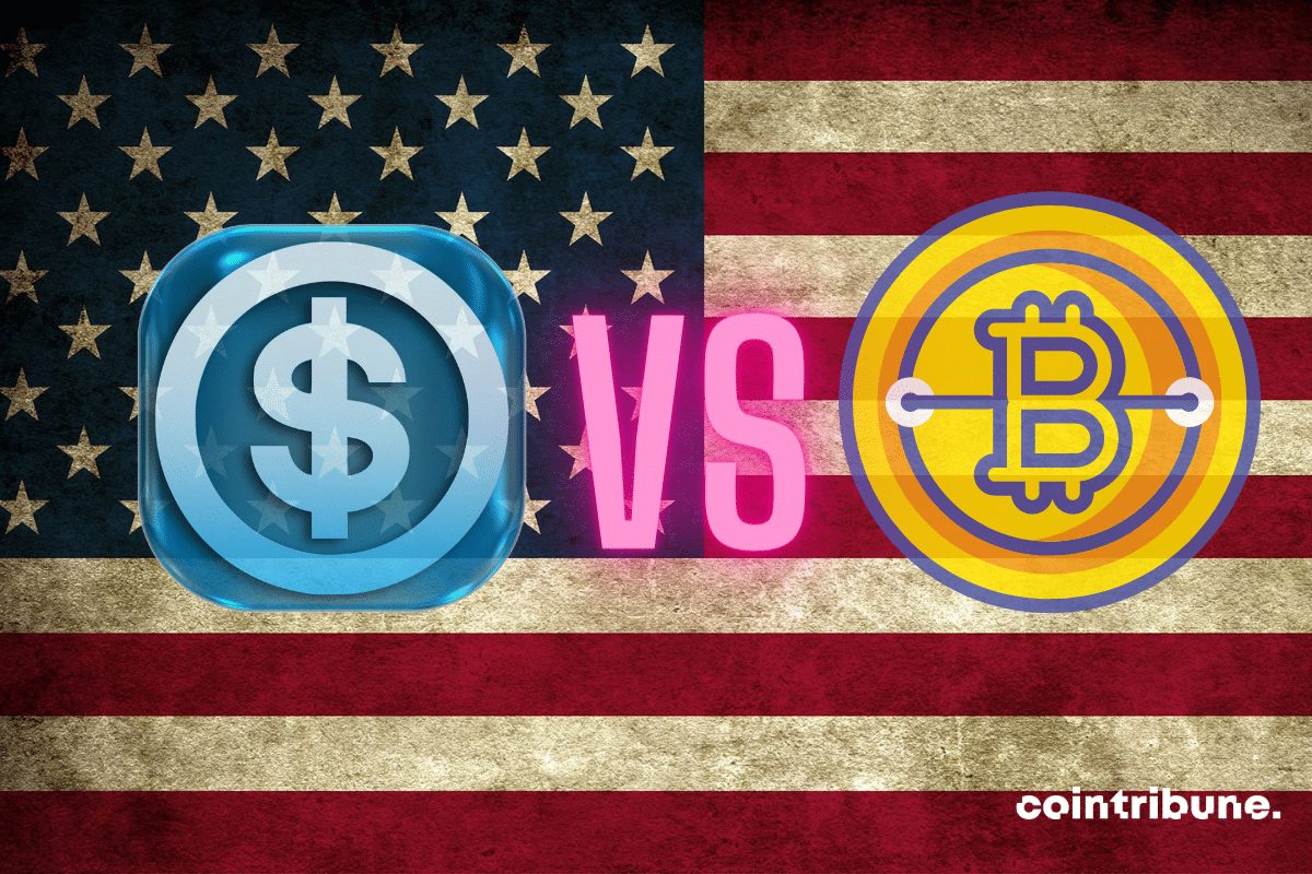 Drapeau américain et logos dollars bitcoin