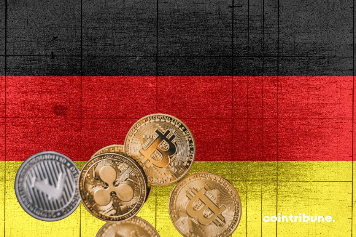 Le drapeau allemand avec des pièces de diverses cryptos
