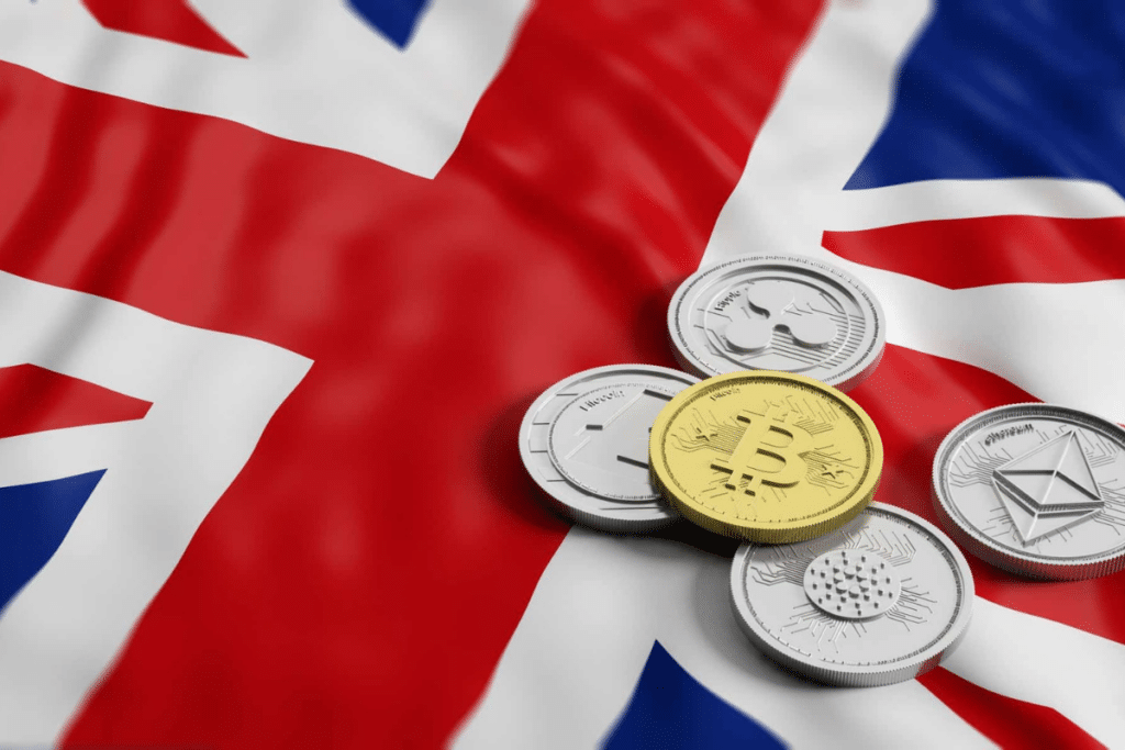 Plusieurs tokens déposés sur le drapeau du Royaume-Uni.