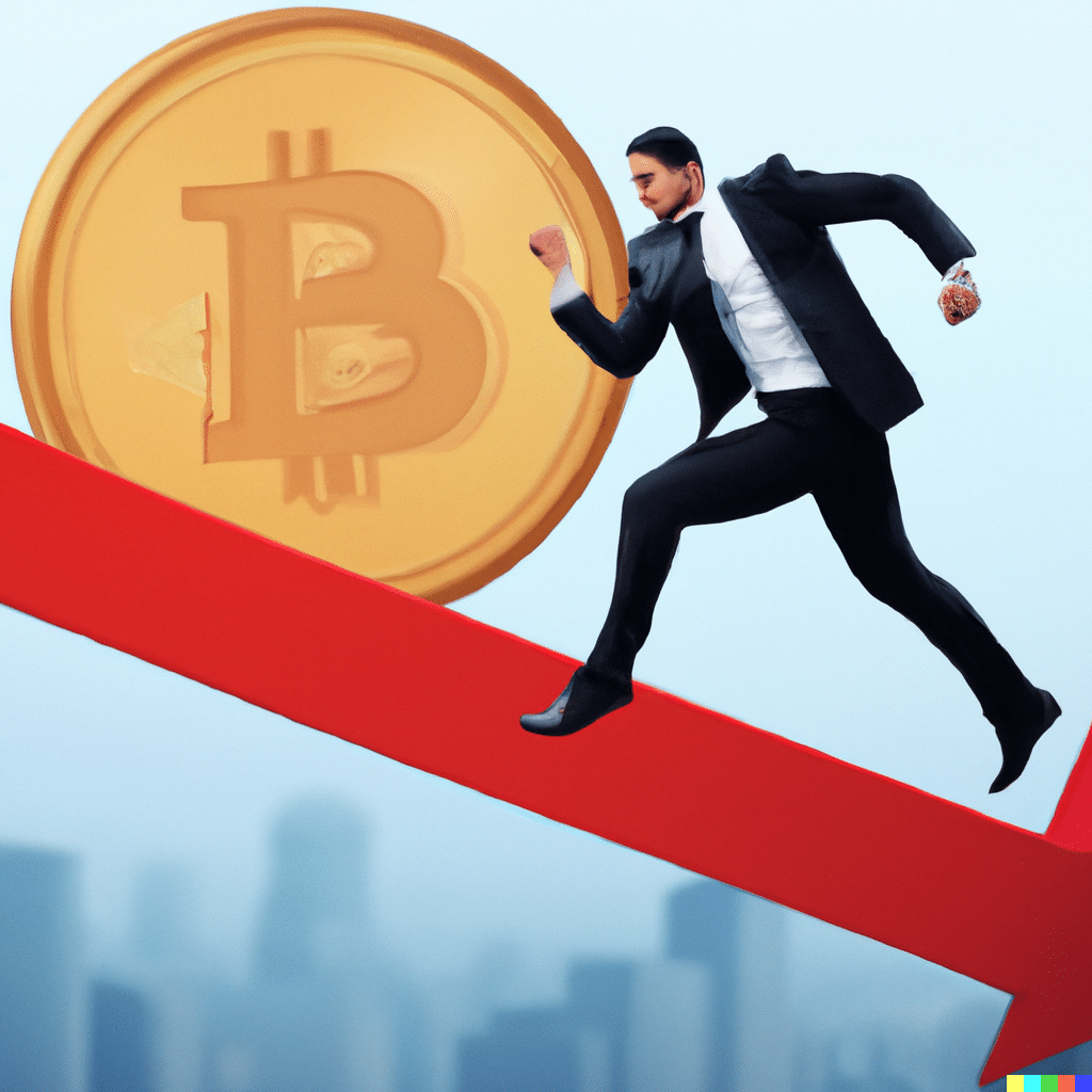 A red arrow to express the decline of Bitcoin and an investor withdraws from the market, Buffett