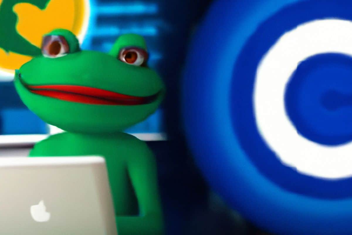 une grenouille symbole de Pepe devant la machine et le logo de Coinbase a cote