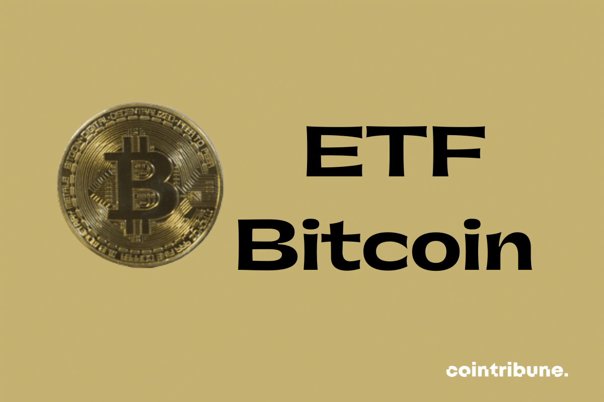 Une pièce représentant le bitcoin avec la mention ETF bitcoin