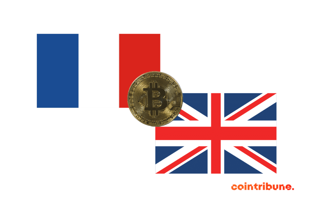 Les drapeaux français et britannique et une pièce de bitcoin