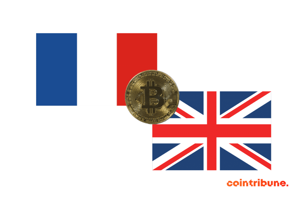 The French and British flags and a bitcoin coin, crypto