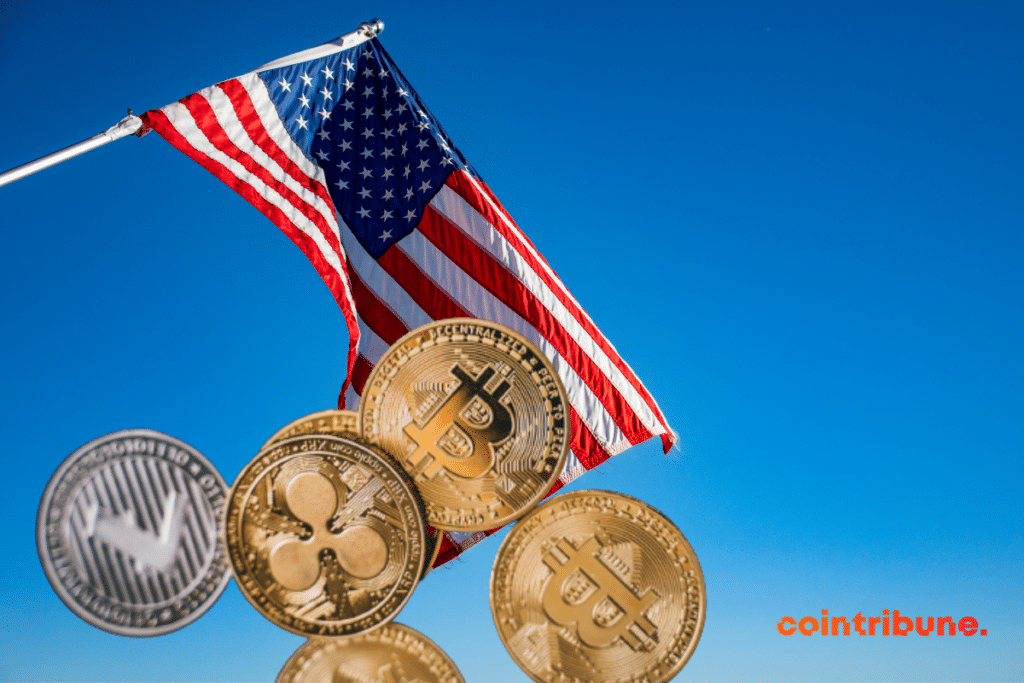Le drapeau US et des pièces de cryptos