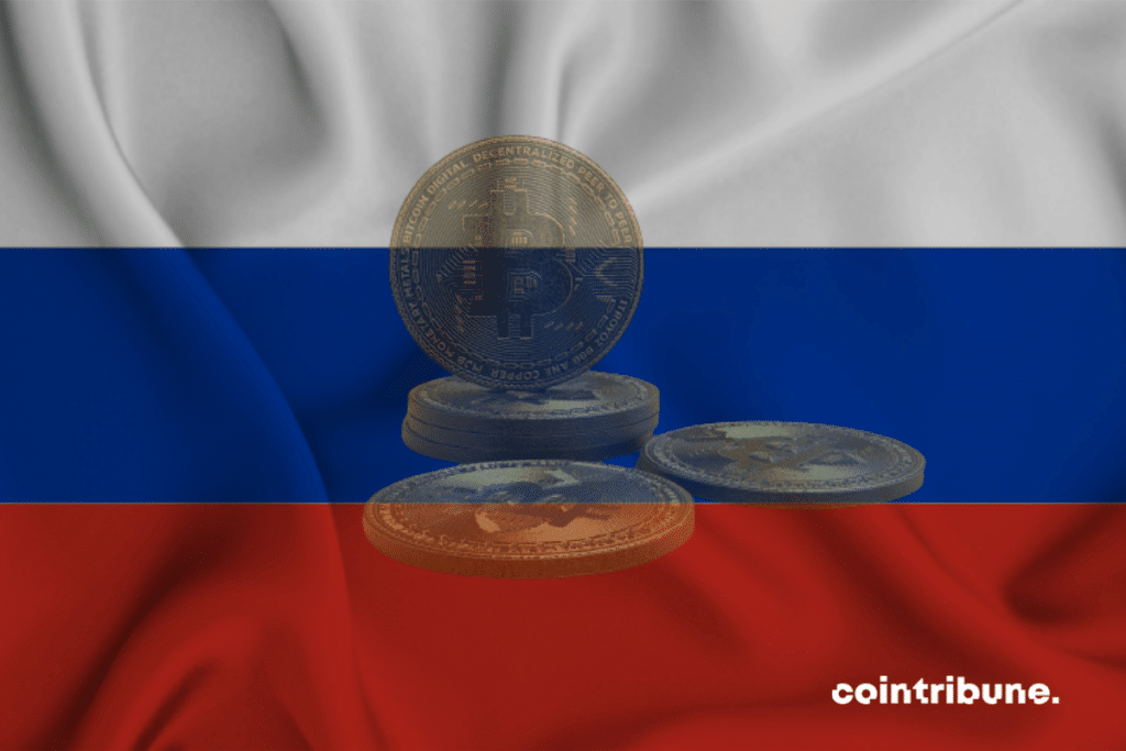 Le drapeau russe et des cryptos en filigrane