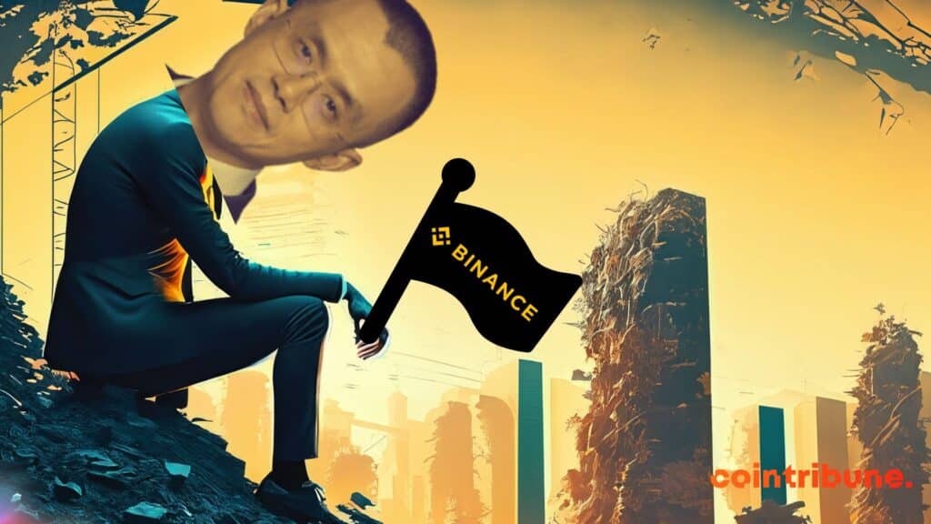 CZ holding a flag of Binance, on a cliff edge