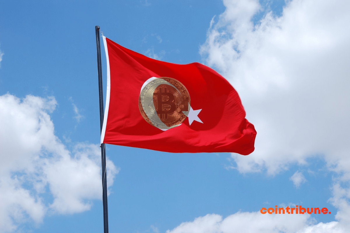 Un drapeau turc avec une pièce de bitcoin en filigrane