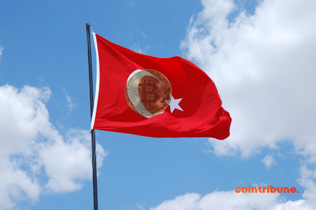 Un drapeau de la Turquie avec une pièce de bitcoin en filigrane