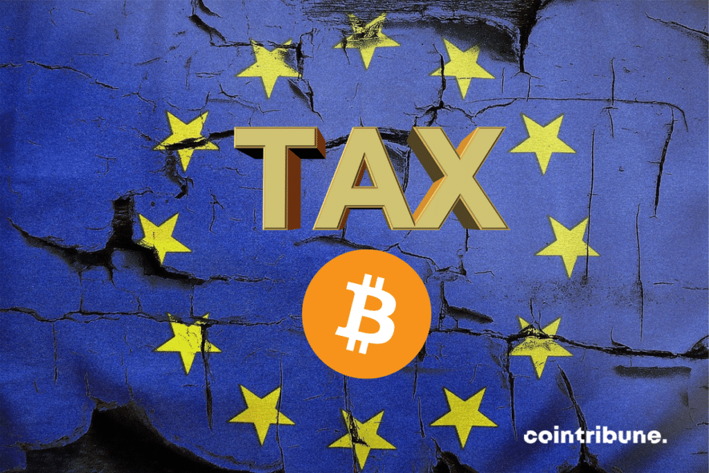 Drapeau UE avec mention Taxe et logo Bitcoin