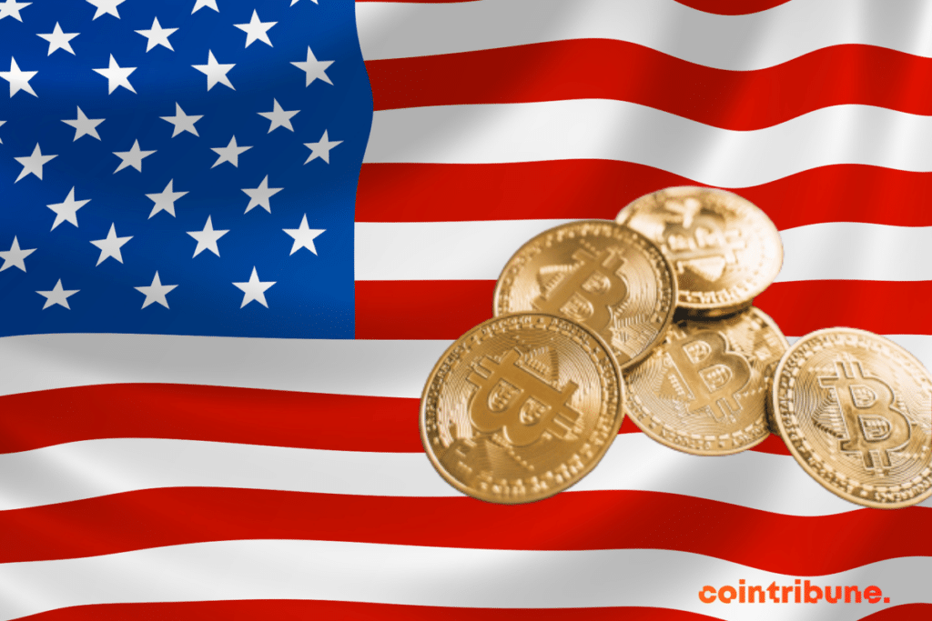 Un drapeau US avec des pièces de cryptos