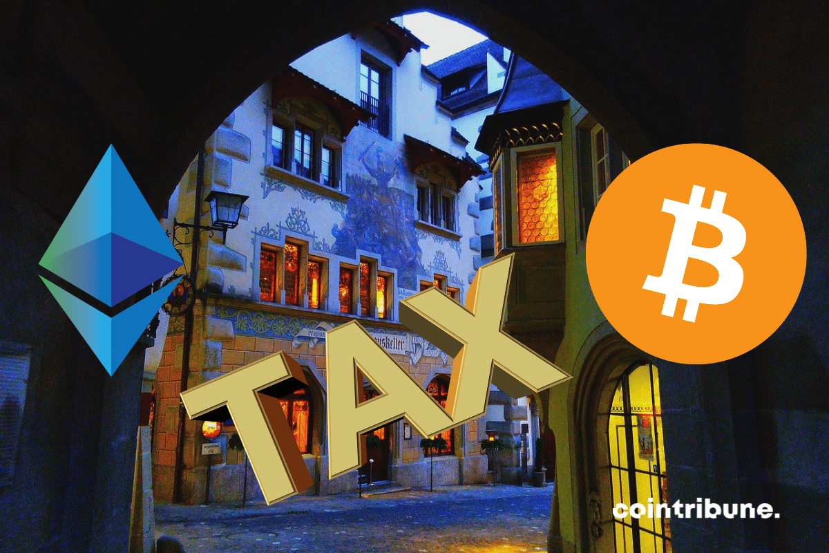 Photo d'un quartier de Zoug, logos d'ETH et de BTC, avec mention TAX