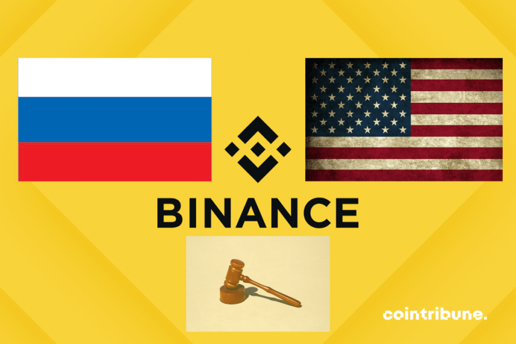 Logo de Binance et drapeaux américain et russe