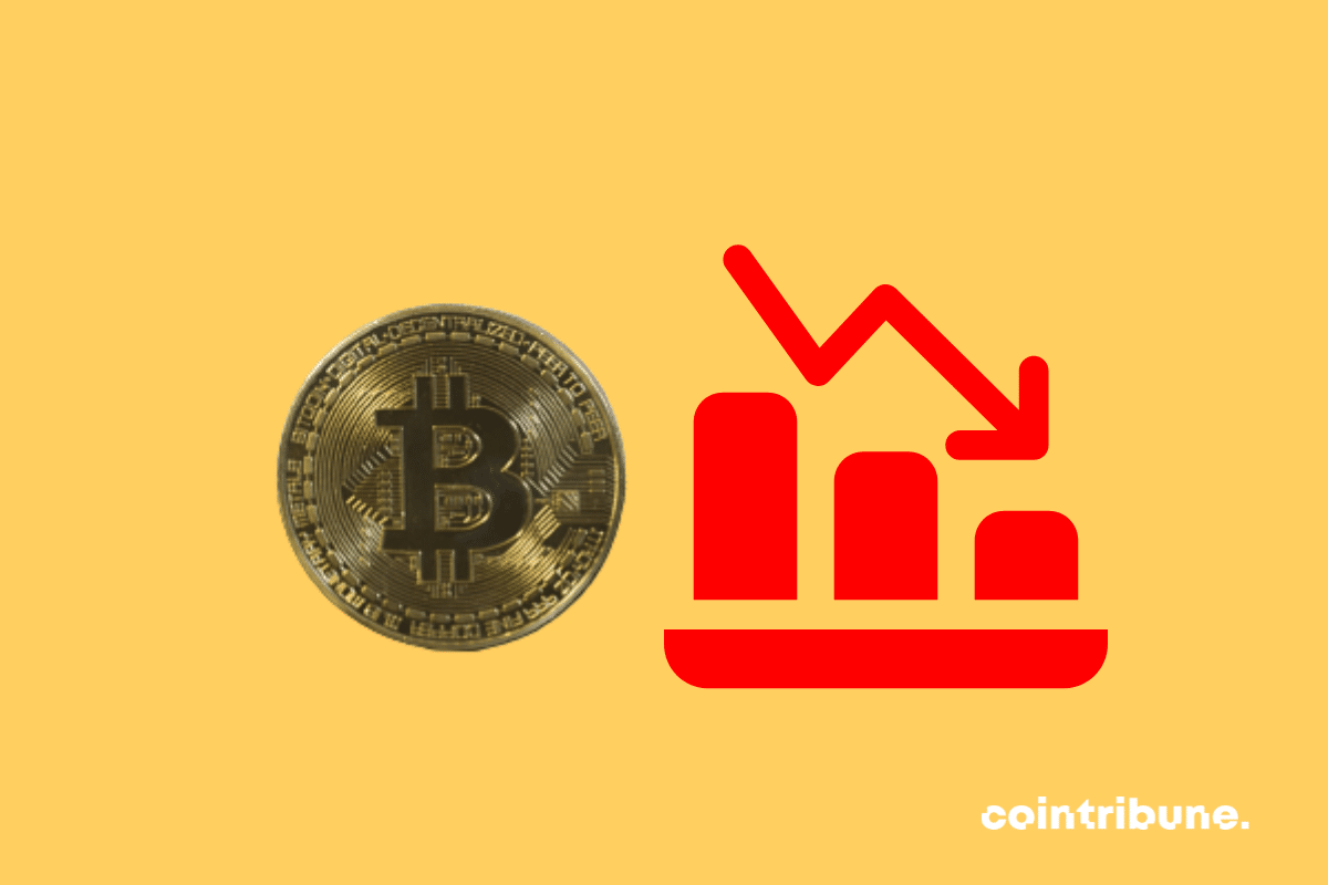 A coin representing bitcoin and a graph symbolizing a decline