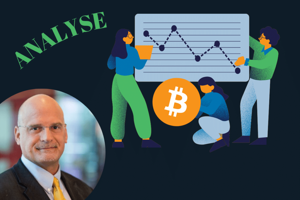 Portrait Mike McGlone avec illustration analyse bitcoin (BTC)