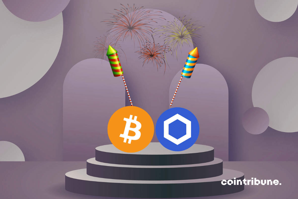 Bitcoin logo and chainlink on the podium