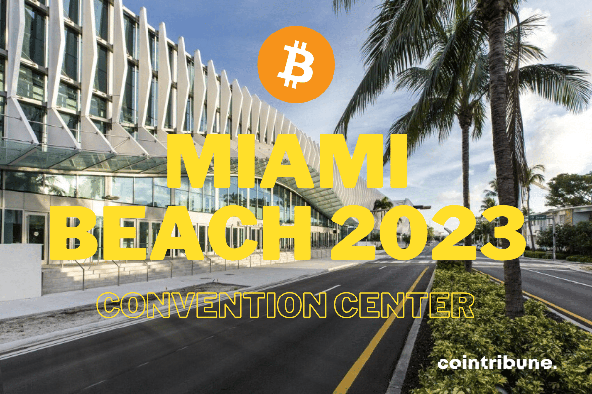 Photo de Miami Beach Convention Center et logo de Bitcoin