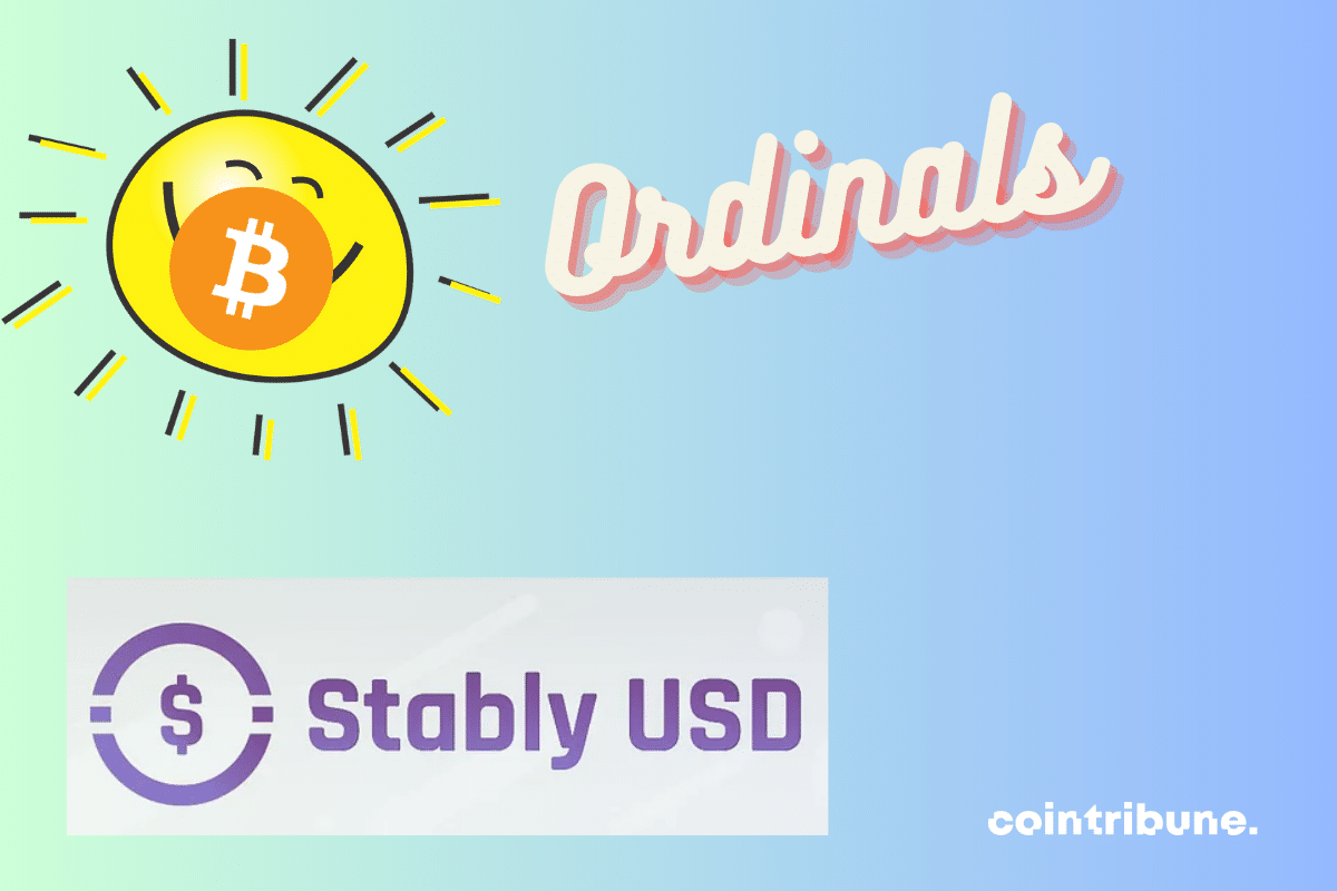 Vecteur soleil et logo de bitcoin et Stably USD avec mention Ordinals