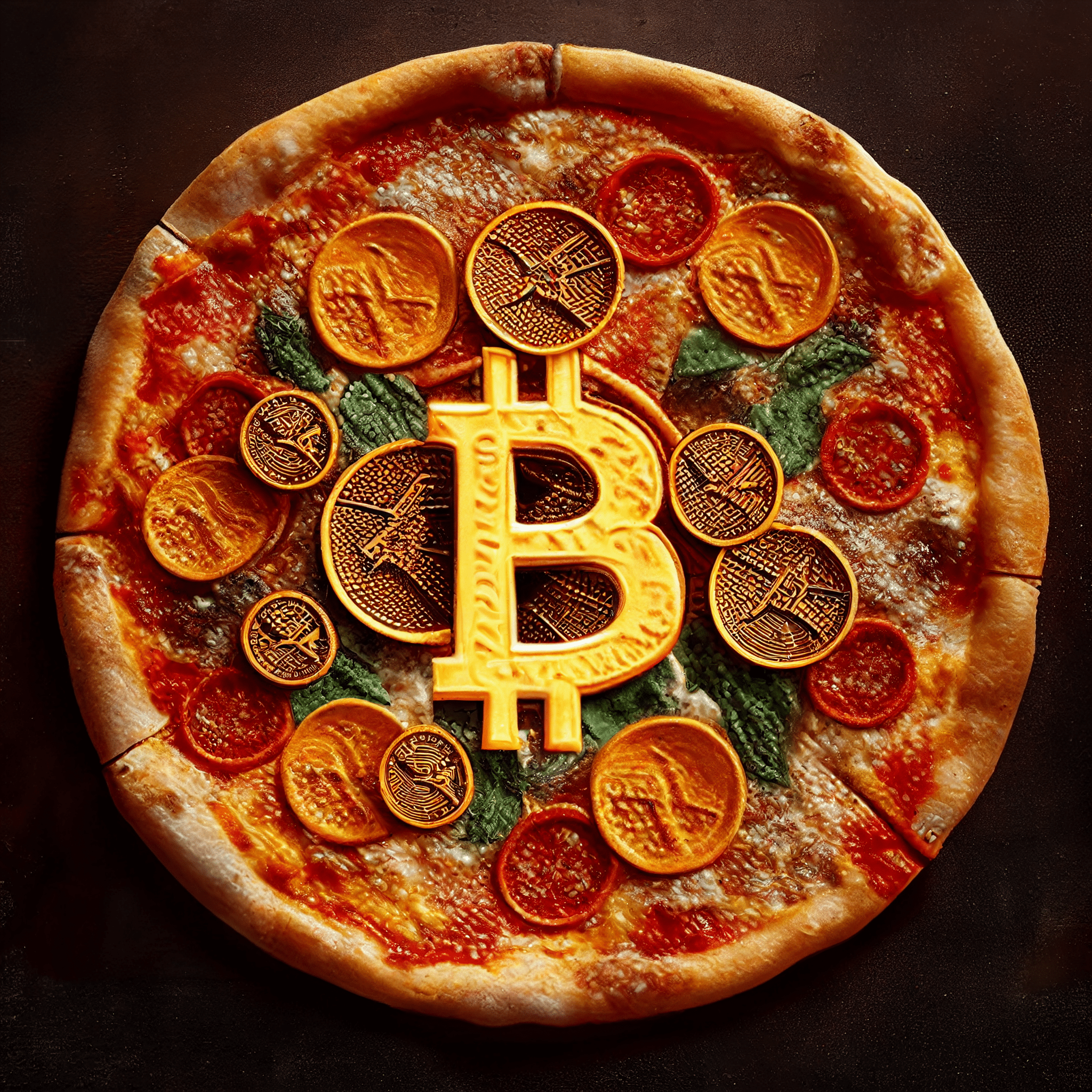 Une pizza avec le B symbole du bitcoin