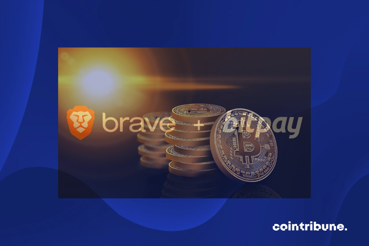 Rayons de soleil sur des bitcoins et logos de Brave et de BitPay