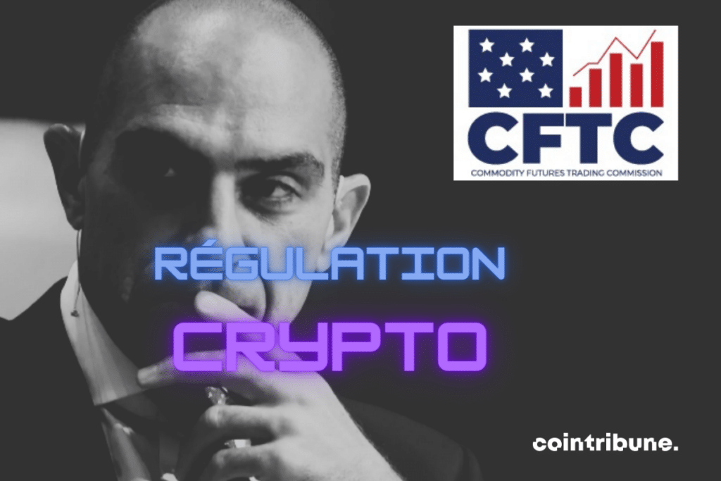 Photo de Rostin Behnam et logo de la CFTC, avec la mention régulation crypto