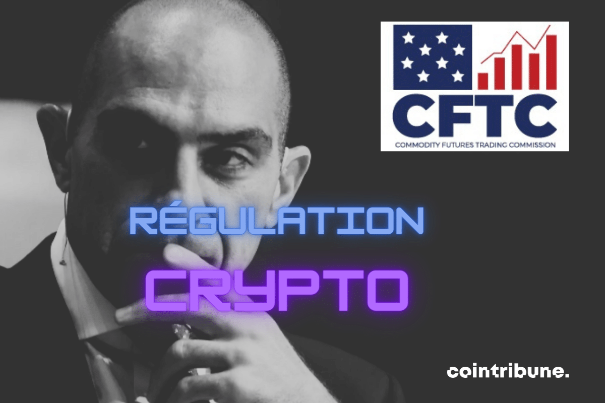 Photo de Rostin Behnam et logo de la CFTC, avec la mention régulation crypto