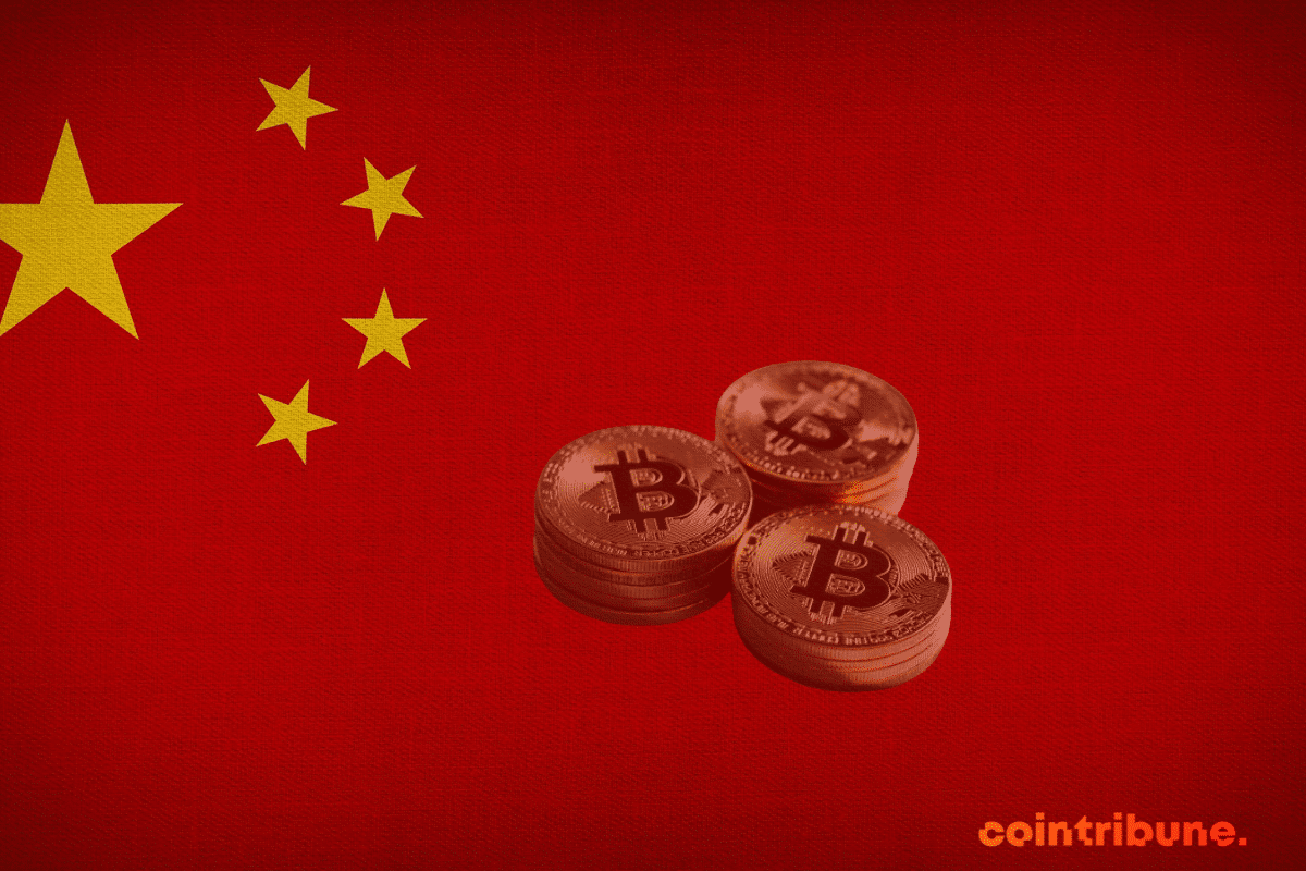 Le drapeau de la chine avec des piles de pièces de bitcoin