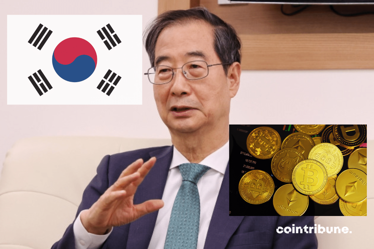 Photo du Premier ministre sud-coréen et illustration de cryptomonnaies