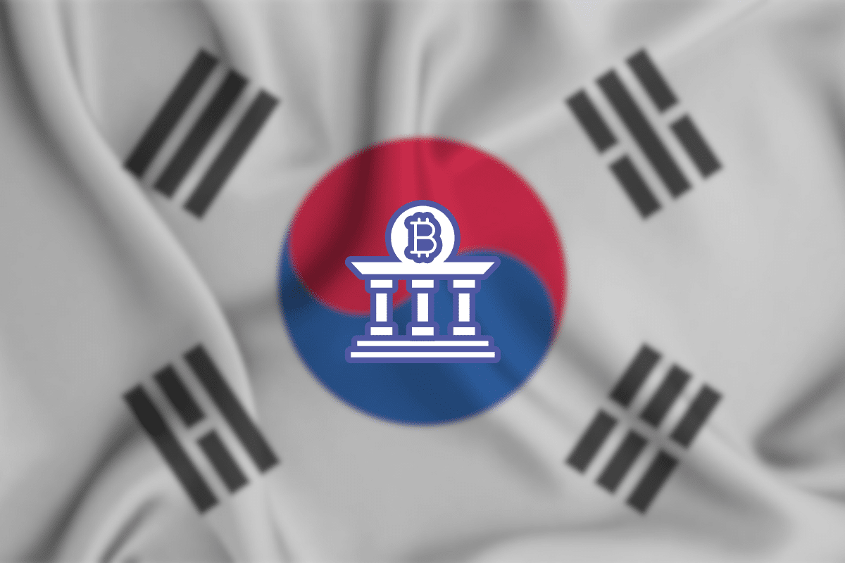 Drapeau de la Corée du Sud avec un tribunal et bitcoin