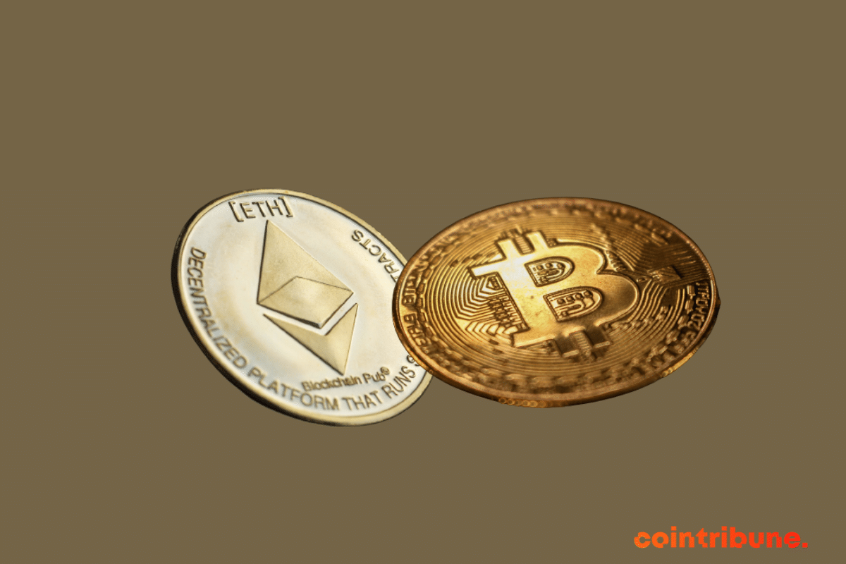 A bitcoin and an ETH coin, cryptocurrencies