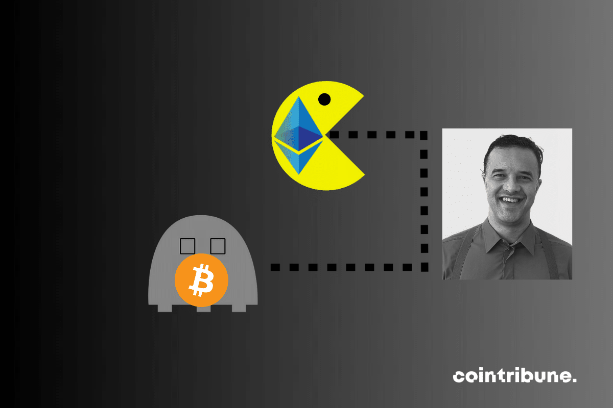 Illustration du jeu Pac Man, logos d'Ethereum et du bitcoin et photo de Ray Youssef