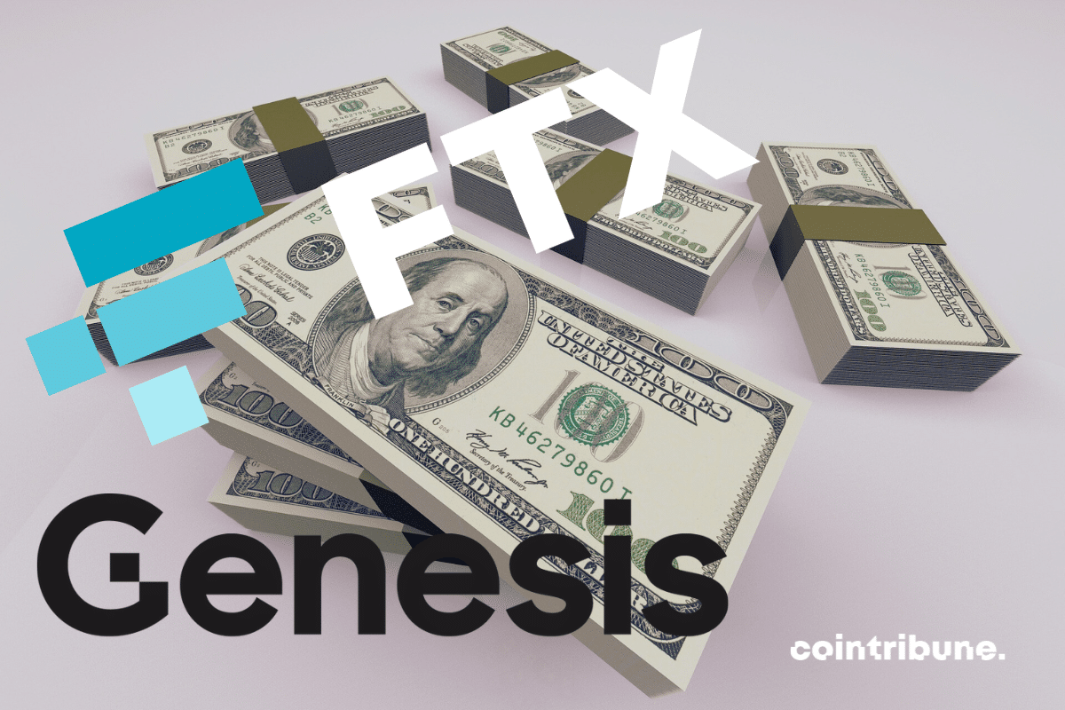 Illustration de billets de dollars et logos de FTX et Genesis