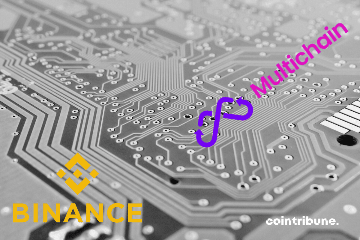 Photo de circuit intégré avec logos de Binance et Multichain