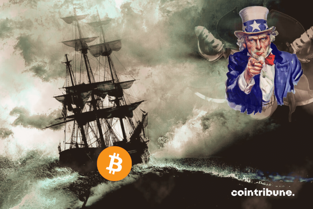 Image d'un bateau pirate, avec logo de bitcoin et Photo de l'Oncle Sam