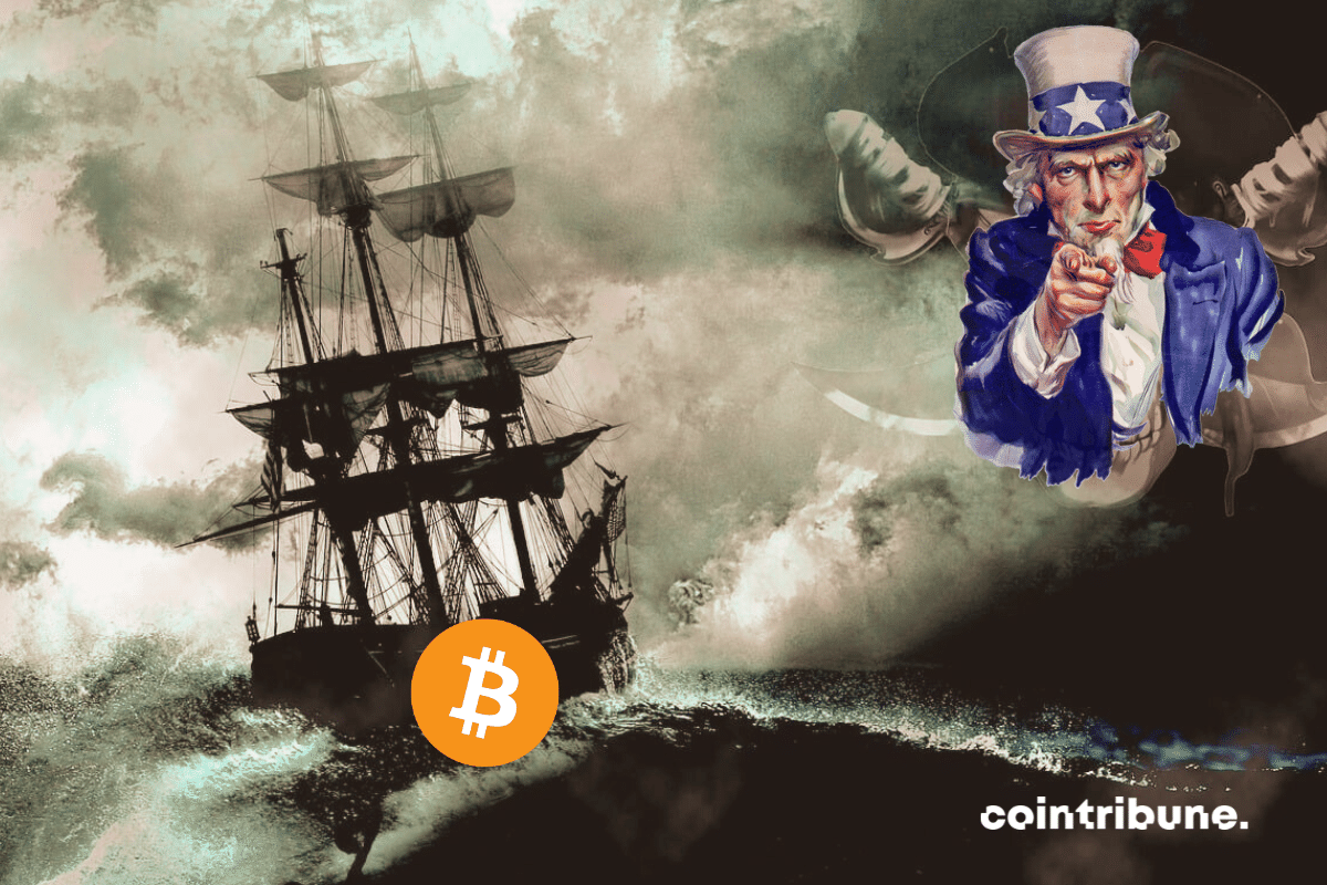 Image of a pirate ship, with bitcoin logo and Uncle Sam's picture, governments