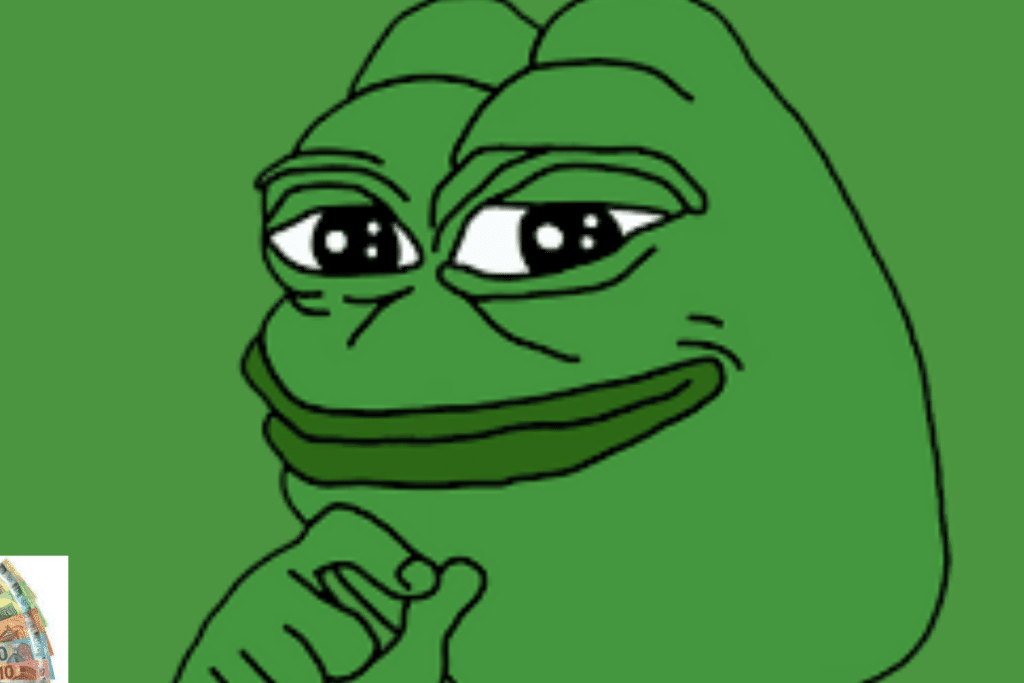 A green frog touching his mustache symbol of Pepecoin PEPE