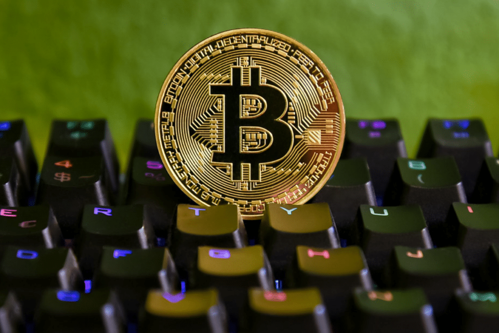 Une piece de Bitcoin sur le clavier, les sorties massives des investisseurs crypto