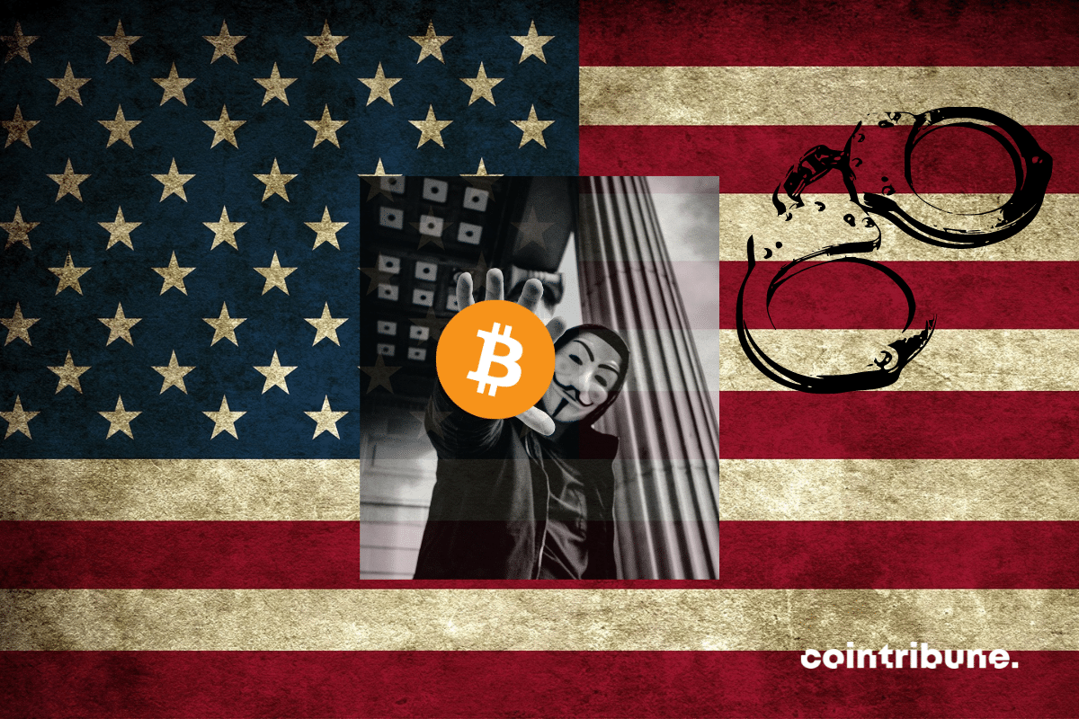 Drapeau américain et illustration de menottes à côté d'un scammer bitcoin