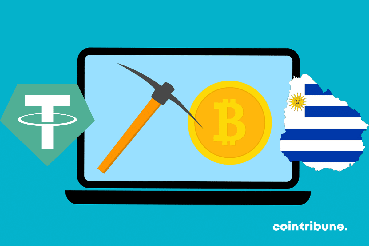 Illustration du minage de bitcoins, logo de Tether et drapeau de l'Uruguay