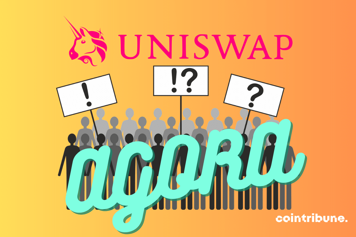 Logo d'Uniswap et mention Agora apposée devant une foule