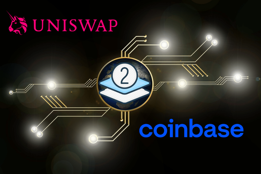 Ecosystème crypto avec l'icône d'un layer 2 ainsi que les logos de Coinbase et d'Uniswap