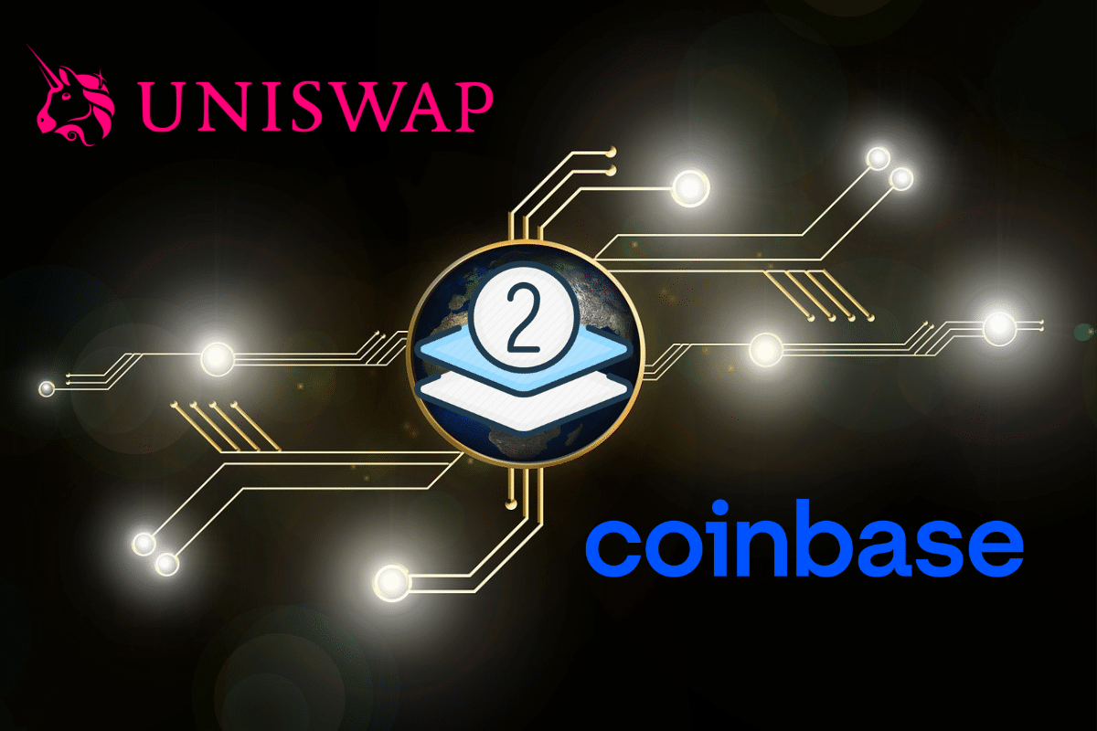 Ecosystème crypto avec l'icône d'un layer 2 ainsi que les logos de Coinbase et d'Uniswap