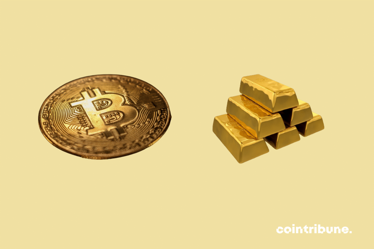 A bitcoin coin and gold bars