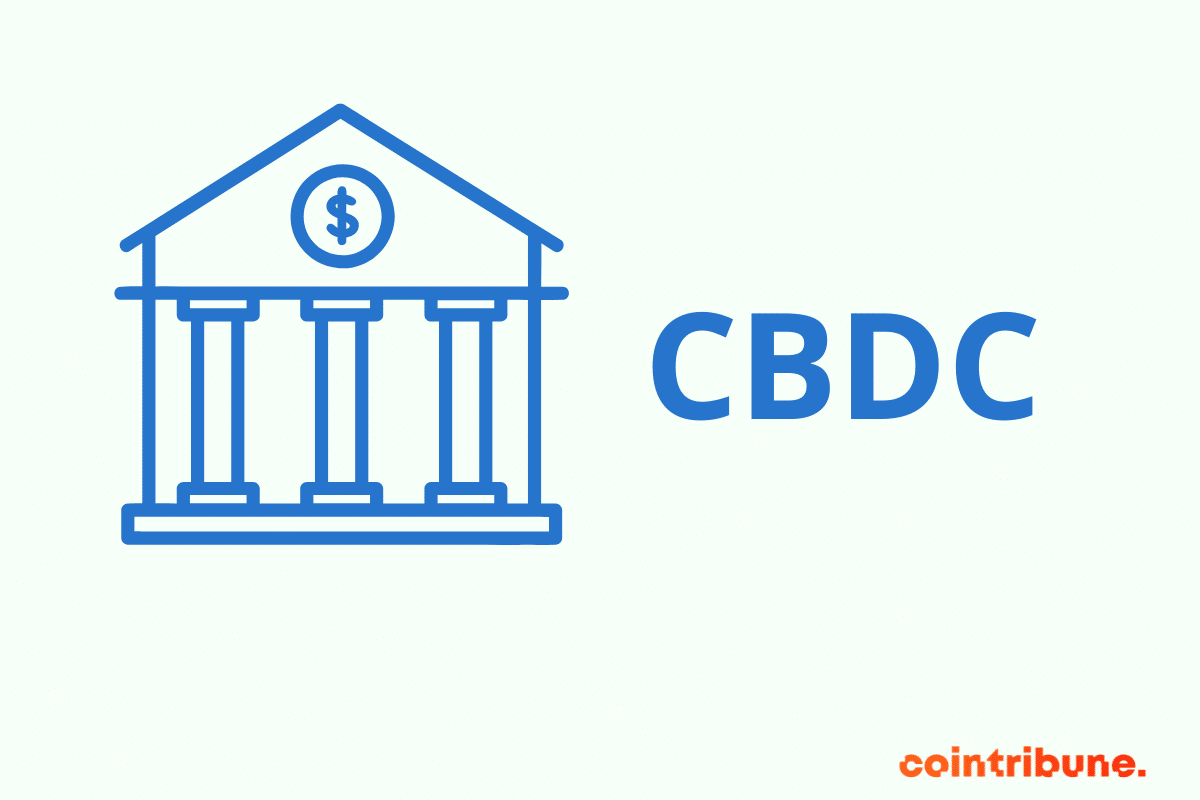Un pictogramme représentant une banque et la mention CBDC