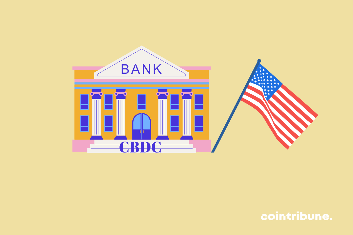 Un drapeau US et une banque avec la mention CBDC